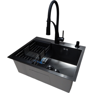 Комплект кухонной мойки Kraft NANO BLACK PVD HS60*45 декор (3.0/1.0 мм)+Змішувач для кухні Kroner KRP Ersel - SCH03393BLK S3637 фото