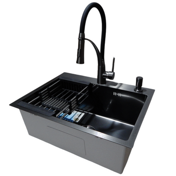 Комплект кухонной мойки Kraft NANO BLACK PVD HS60*45 (3.0/1.0 мм) декор S5003 фото