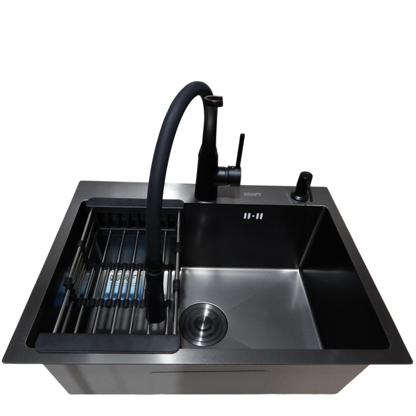 Комплект кухонной мойки Kraft NANO BLACK PVD HS60*45 декор (3.0/1.0 мм)+Змішувач для кухні Kroner KRP Ersel - SCH03393BLK S3637 фото