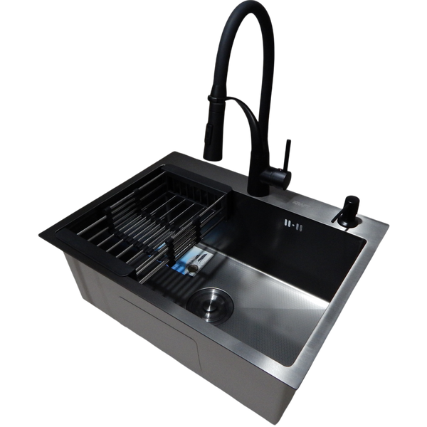 Комплект кухонной мойки Kraft NANO BLACK PVD HS60*45 декор (3.0/1.0 мм)+Змішувач для кухні Kroner KRP Ersel - SCH03393BLK S3637 фото