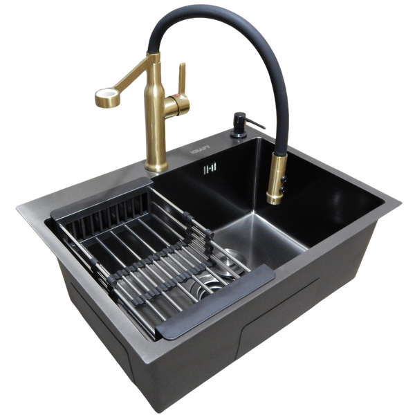 Комплект кухонної мийки Kraft NANO BLACK PVD Декор-соты HS60*45 (3.0/1.0 мм)+Смеситель для кухни Kroner KRP Ersel - GBG03112BLK S17270 фото