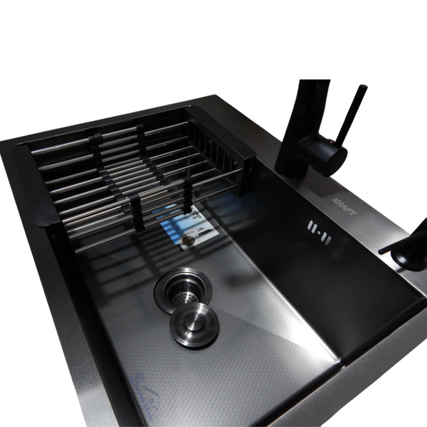 Комплект кухонной мойки Kraft NANO BLACK PVD HS60*45 декор (3.0/1.0 мм)+Змішувач для кухні Kroner KRP Ersel - SCH03393BLK S3637 фото
