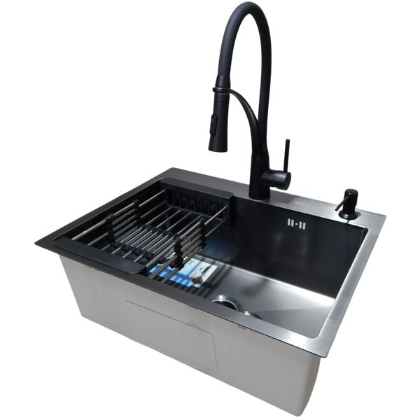 Комплект кухонной мойки Kraft NANO BLACK PVD HS60*45 декор (3.0/1.0 мм)+Змішувач для кухні Kroner KRP Ersel - SCH03393BLK S3637 фото