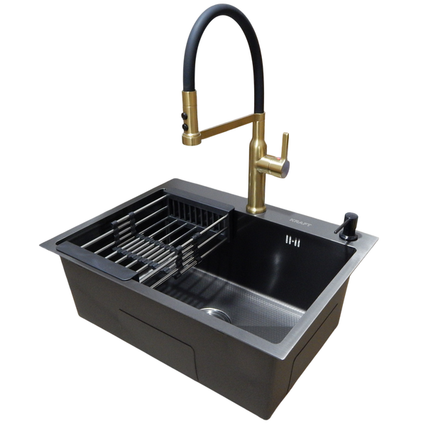 Комплект кухонної мийки Kraft NANO BLACK PVD Декор-соты HS60*45 (3.0/1.0 мм)+Смеситель для кухни Kroner KRP Ersel - GBG03112BLK S17270 фото