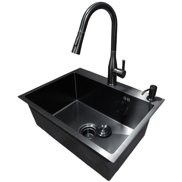 Комплект кухонной мойки Kraft NANO BLACK PVD HS60*45 (3.0/1.0 мм) декор S3687 фото