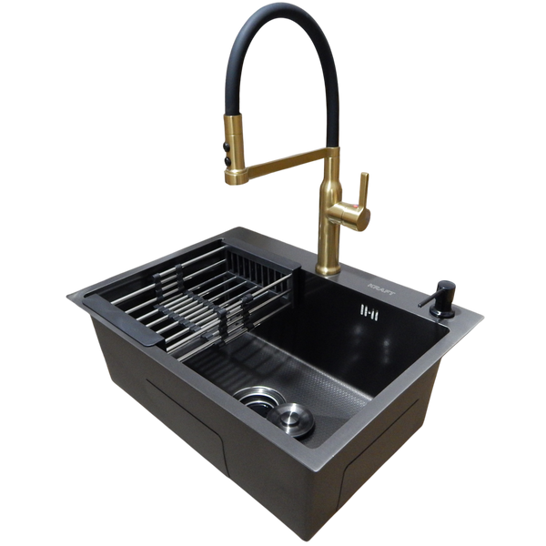 Комплект кухонної мийки Kraft NANO BLACK PVD Декор-соты HS60*45 (3.0/1.0 мм)+Смеситель для кухни Kroner KRP Ersel - GBG03112BLK S17270 фото