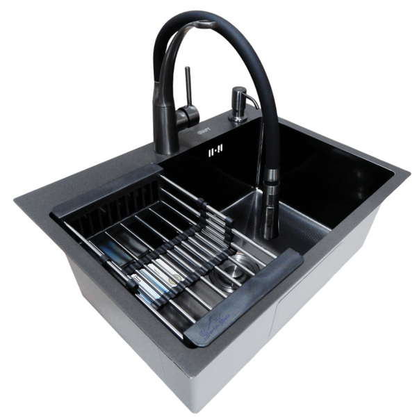 Комплект кухонной мойки Kraft NANO BLACK PVD HS60*45 (3.0/1.0 мм) декор S5003 фото