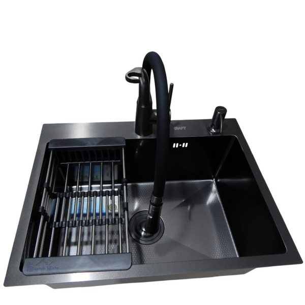 Комплект кухонной мойки Kraft NANO BLACK PVD HS60*45 (3.0/1.0 мм) декор S5003 фото