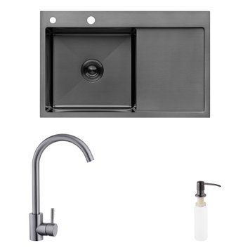 Комплект кухонна мийка Kroner Schwarze-7849LHM PVD + змішувач Edelstahl Klassisch-SCH035PVD + дозатор Spender-026 CVS30118 фото