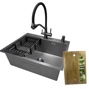 Комплект кухонной мойки Kraft NANO BLACK PVD HS54*48 (3.0/1.0 мм) декор S4904 фото