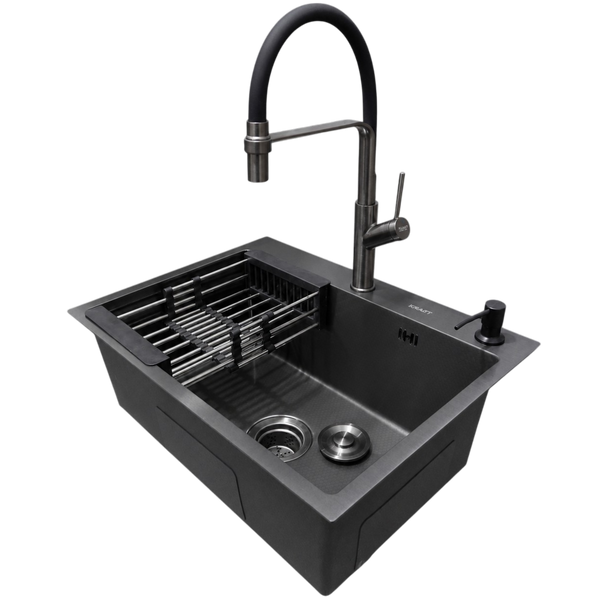 Комплект кухонної мийки Kraft NANO BLACK PVD Декор HS60*45 (3.0/1.0 мм)+Змішувач для кухні з гнучким виливом Pllen&oacute; S4962 фото