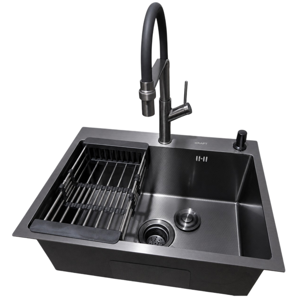 Комплект кухонної мийки Kraft NANO BLACK PVD Декор HS60*45 (3.0/1.0 мм)+Змішувач для кухні з гнучким виливом Pllen&oacute; S4962 фото