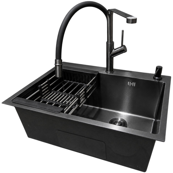 Комплект кухонної мийки Kraft NANO BLACK PVD Декор HS60*45 (3.0/1.0 мм)+Змішувач для кухні з гнучким виливом Pllen&oacute; S4962 фото