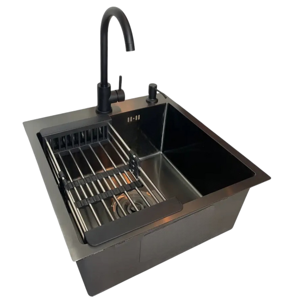 Кухонна мийка з нержавіючої сталі [ Комплект 4в1 ] Kraft Nano Black 50х50  Декор (3.0/1.0 мм) PVD Графіт S4813 фото