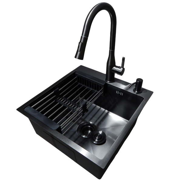 Комплект кухонной мойки Kraft HM 50х50 NANO BLACK PVD (3.0/1.0 мм) DEKOR S5701 фото