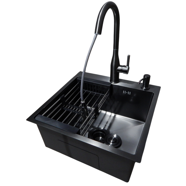 Комплект кухонной мойки Kraft HM 50х50 NANO BLACK PVD (3.0/1.0 мм) DEKOR S5701 фото