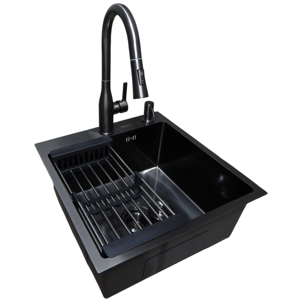 Комплект кухонной мойки Kraft HM 50х50 NANO BLACK PVD (3.0/1.0 мм) DEKOR S5701 фото