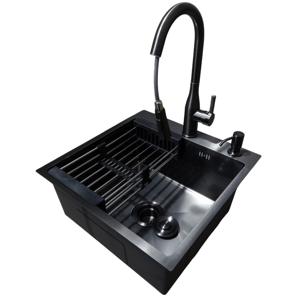 Комплект кухонной мойки Kraft HM 50х50 NANO BLACK PVD (3.0/1.0 мм) DEKOR S5701 фото