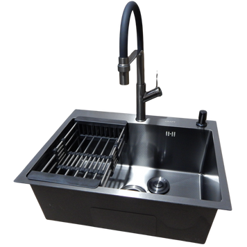 Комплект кухонной мойки Kraft NANO BLACK PVD Декор HS60*45 (3.0/1.0 мм)+Смеситель для кухни с гибким изливом Pllen&oacute; S3700 фото