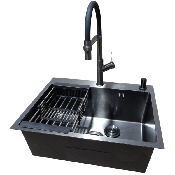 Комплект кухонной мойки Kraft NANO BLACK PVD Декор HS60*45 (3.0/1.0 мм)+Смеситель для кухни с гибким изливом Pllen&oacute; S3700 фото