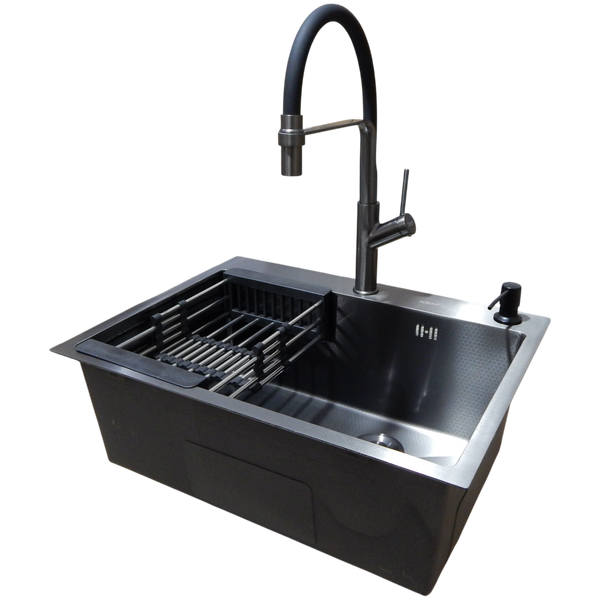 Комплект кухонной мойки Kraft NANO BLACK PVD Декор HS60*45 (3.0/1.0 мм)+Смеситель для кухни с гибким изливом Pllen&oacute; S3700 фото
