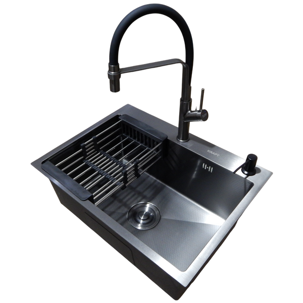 Комплект кухонной мойки Kraft NANO BLACK PVD Декор HS60*45 (3.0/1.0 мм)+Смеситель для кухни с гибким изливом Pllen&oacute; S3700 фото