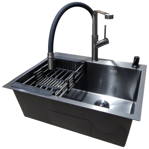 Комплект кухонной мойки Kraft NANO BLACK PVD Декор HS60*45 (3.0/1.0 мм)+Смеситель для кухни с гибким изливом Pllen&oacute; S3700 фото