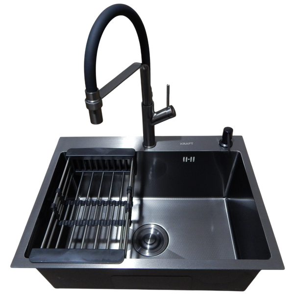 Комплект кухонной мойки Kraft NANO BLACK PVD Декор HS60*45 (3.0/1.0 мм)+Смеситель для кухни с гибким изливом Pllen&oacute; S3700 фото