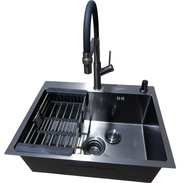 Комплект кухонной мойки Kraft NANO BLACK PVD Декор HS60*45 (3.0/1.0 мм)+Смеситель для кухни с гибким изливом Pllen&oacute; S3700 фото
