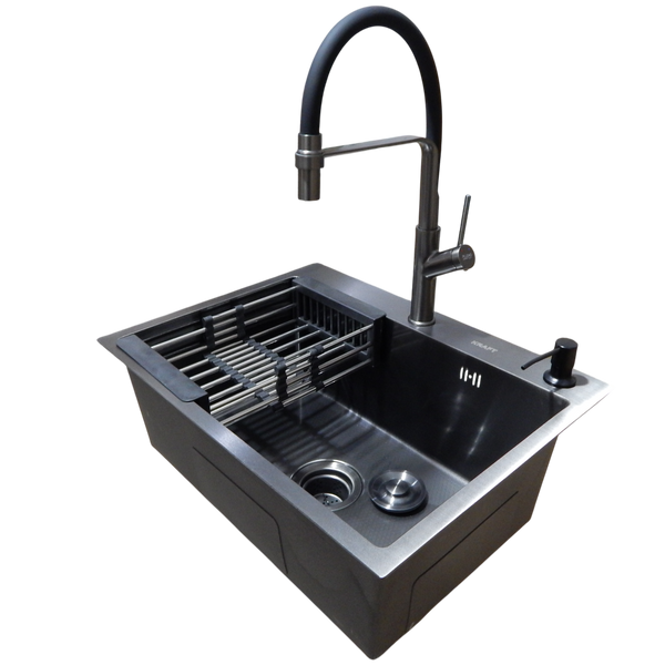 Комплект кухонной мойки Kraft NANO BLACK PVD Декор HS60*45 (3.0/1.0 мм)+Смеситель для кухни с гибким изливом Pllen&oacute; S3700 фото