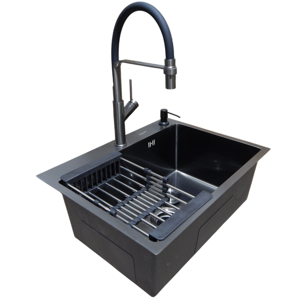 Комплект кухонной мойки Kraft NANO BLACK PVD Декор HS60*45 (3.0/1.0 мм)+Смеситель для кухни с гибким изливом Pllen&oacute; S3700 фото
