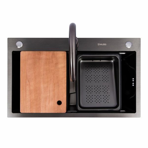 Комплект кухонної мийки Valeso 75*46B PVD чорна (Work station) Handmade S4915 фото