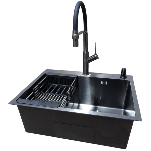 Комплект кухонной мойки Kraft NANO BLACK PVD Декор HS60*45 (3.0/1.0 мм)+Смеситель для кухни с гибким изливом Pllen&oacute; S3700 фото