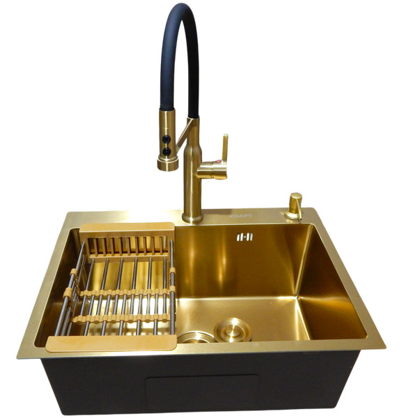 Комплект кухонной мойки Kraft NANO GOLD PVD HS60*45 (3.0/1.0 мм) декор S3750 фото