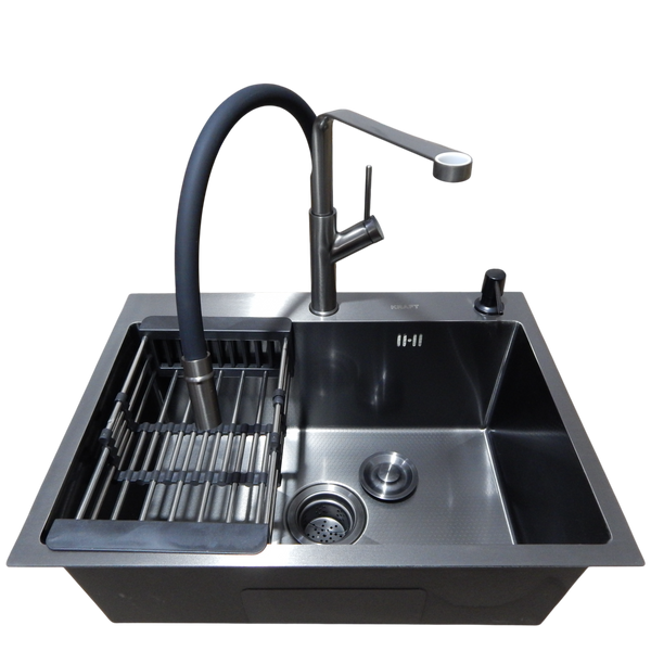 Комплект кухонной мойки Kraft NANO BLACK PVD Декор HS60*45 (3.0/1.0 мм)+Смеситель для кухни с гибким изливом Pllen&oacute; S3700 фото