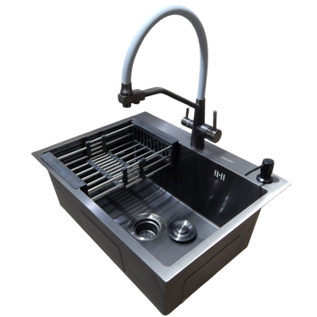 Комплект кухонной мойки Kraft NANO BLACK PVD HS60*45 (3.0/1.0 мм) декор S3701 фото