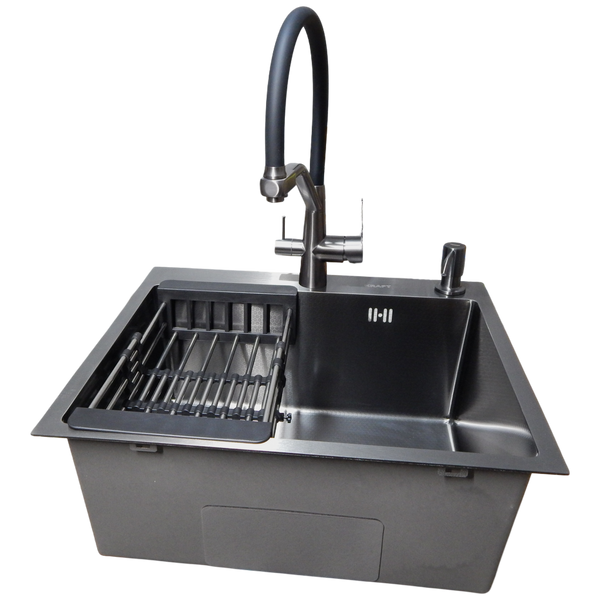 Комплект кухонной мойки Kraft графит HS 600Х450мм NANO BLACK PVD Декор (3.0/1.0 мм)+Смеситель для кухни с подключением к фильтру Kroner KRP Edelstahl Klassisch - PVD03817BLK S5140 фото