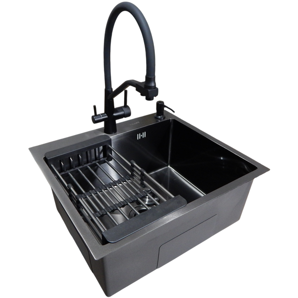 Комплект кухонной мойки Kraft HS 600Х450 NANO BLACK PVD (3.0/1.0 мм) S3751 фото