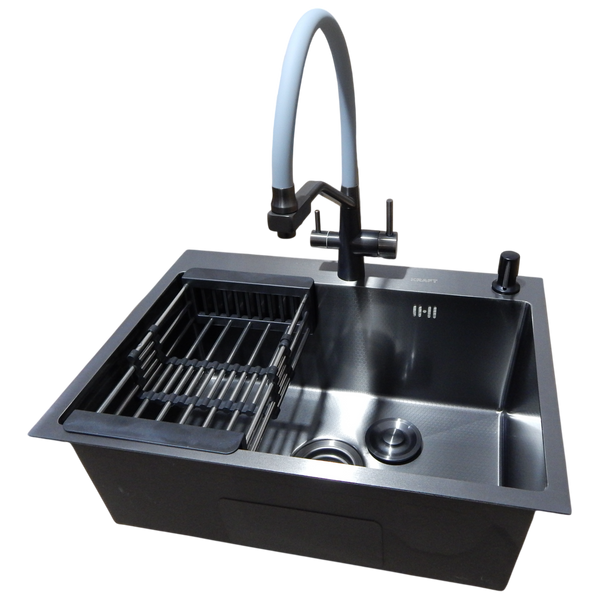 Комплект кухонной мойки Kraft NANO BLACK PVD HS60*45 (3.0/1.0 мм) декор S3701 фото