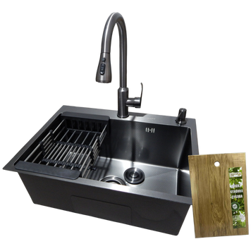 Комплект кухонної мийки Kraft NANO BLACK PVD Декор-соти HS540х480 (3.0/1.0 мм)+Кухонний змішувач TH38 Valeso PVD Графіт з висувною лійкою S4967 фото