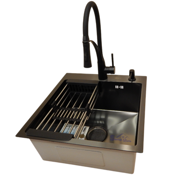 Комплект кухонної мийки Kraft HM 50х50 NANO BLACK (DECOR) PVD (3.0/1.0 мм) S4817 фото