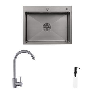 Комплект кухонна мийка Kroner Schwarze-6350HM PVD + змішувач Edelstahl Klassisch-SCH035PVD + дозатор Spender-SCH049 CVS30124 фото