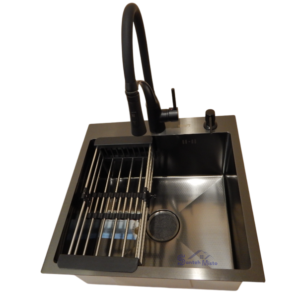 Комплект кухонної мийки Kraft HM 50х50 NANO BLACK (DECOR) PVD (3.0/1.0 мм) S4817 фото