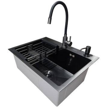 Комплект кухонной мойки Kraft NANO BLACK PVD HS60*45 (3.0/1.0 мм) декор S5407 фото
