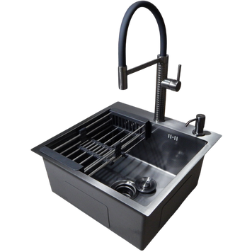 Комплект кухонной мойки Kraft HM 50х50 NANO BLACK (DECOR) PVD (3.0/1.0 мм) S4768 фото