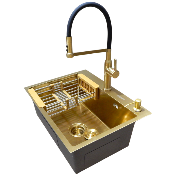 Комплект кухонной мойки Kraft NANO GOLD PVD HS60*45 (3.0/1.0 мм) декор S31070 фото