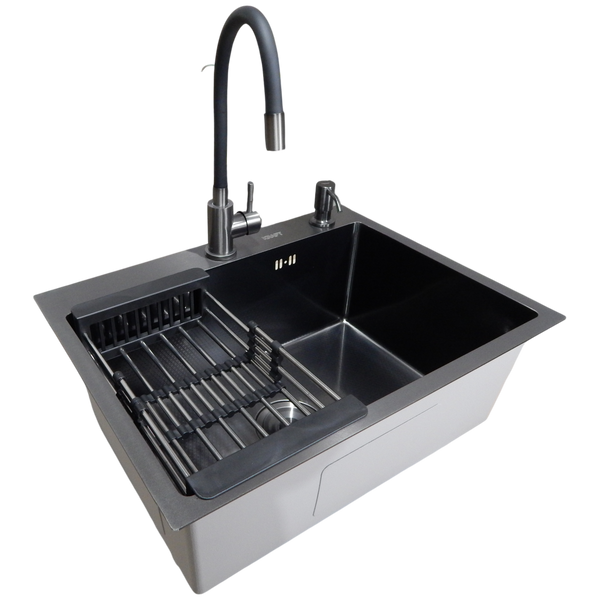 Комплект кухонной мойки Kraft NANO BLACK PVD HS60*45 (3.0/1.0 мм) декор S5407 фото