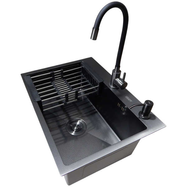 Комплект кухонной мойки Kraft NANO BLACK PVD HS60*45 (3.0/1.0 мм) декор S5407 фото