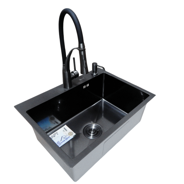 Комплект кухонной мойки Kraft NANO BLACK PVD HS60*45 (3.0/1.0 мм) декор S3653 фото