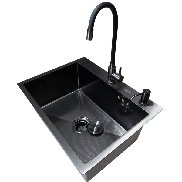 Комплект кухонной мойки Kraft NANO BLACK PVD HS60*45 (3.0/1.0 мм) декор S5407 фото